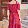 پیراهن کمر کشی طرح گلدار چهارخانه مرجانی بنددار زنانه برند armonika کد 1753591870