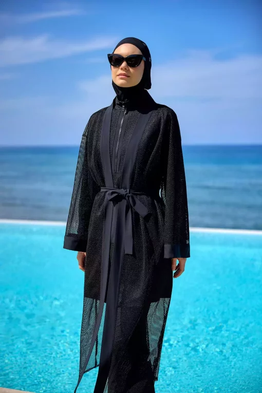 کیمونو ساحلی کامل توری پوشیده قد سبک خوش استیل، مشکی برند Marina کد 1753525925