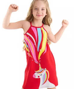 پیراهن تک شاخ تابستانی عشق قرمز بنددار دخترانه برند Denokids کد 1753824665