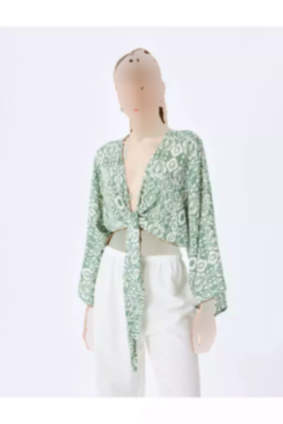 بلوز کیمونو ابریشم مصنوعی ابر و باد آستین یقه هفت طرح‎دار برند Koton کد 1752768727