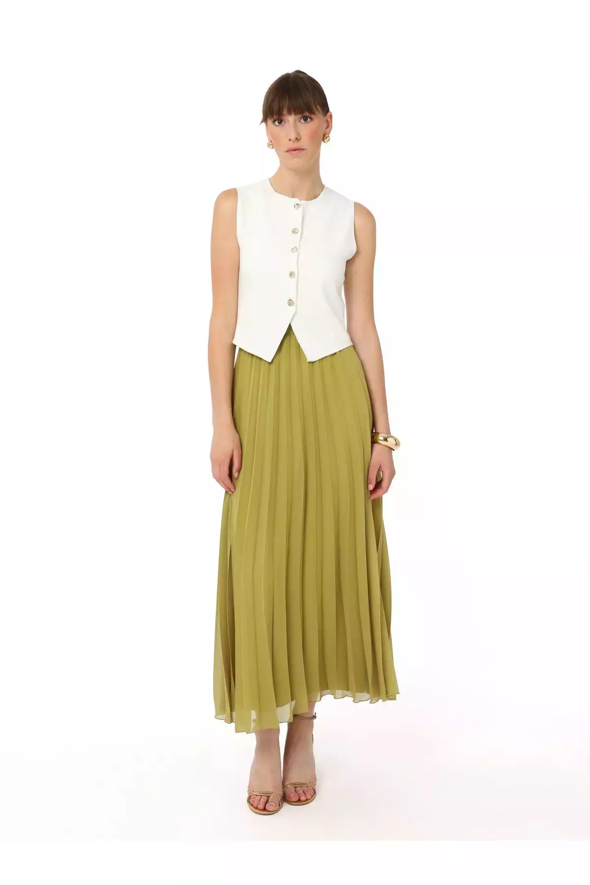 دامن شیفون پلیسه دار رفکا سبز زیتونی برند Refka کد 1753721470