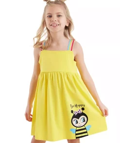 پیراهن تابستانی چیندار زرد دخترانه بنددار برند Denokids کد 1753832468
