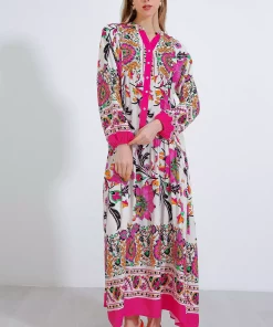 پیراهن کرم ابریشم مصنوعی طرحدار سرخابی زنانه برند Bigdart کد 1753605668