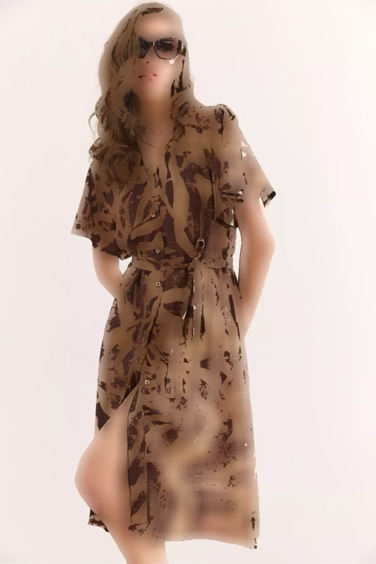 پیراهن کوچک بافته شده یقه هفت قهوه ای کمربند دار قهوهای زنانه برند Olalook کد 1753677663