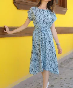 پیراهن کمر کشی ساده گرهدار طرحدار آبی زنانه برند armonika کد 1753591868