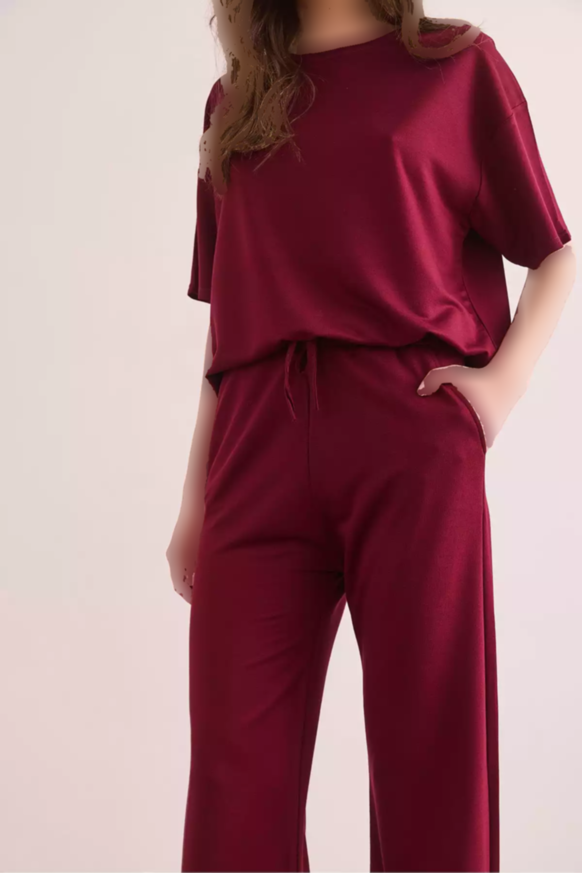 ست پایین بالا جیب دار تیشرت شلوار زرشکی زنانه برند Olalook کد 1753669988