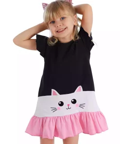 پیراهن تابستانی چیندار گربه سفید مشکی دخترانه برند Denokids کد 1753823471