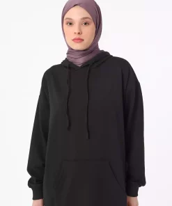 سوییشرت قالب راحت کلاهدار جیب دار بلند من مشکی برند Refka کد 1753724475