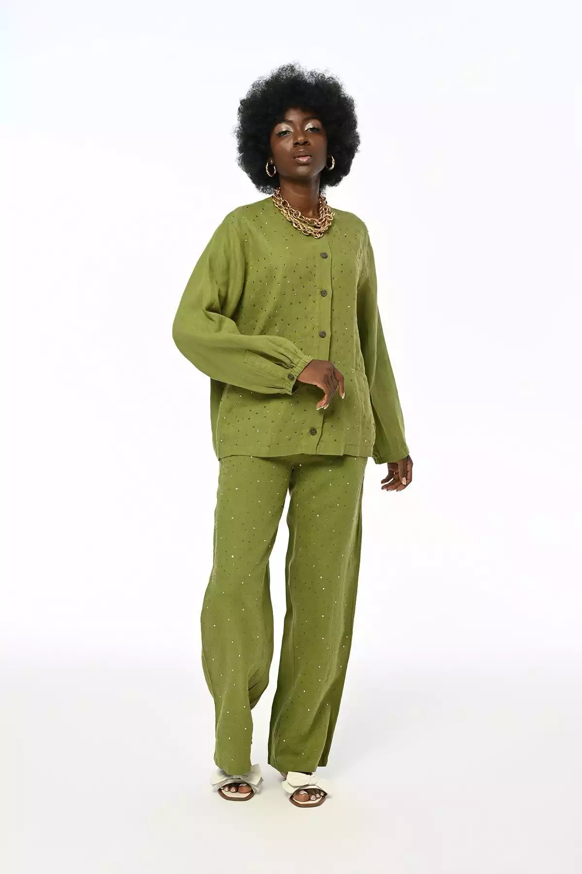 پیراهن کتان یقه گرد جلو نگین دار زنانه برند Orfeo Negro کد 1753414336