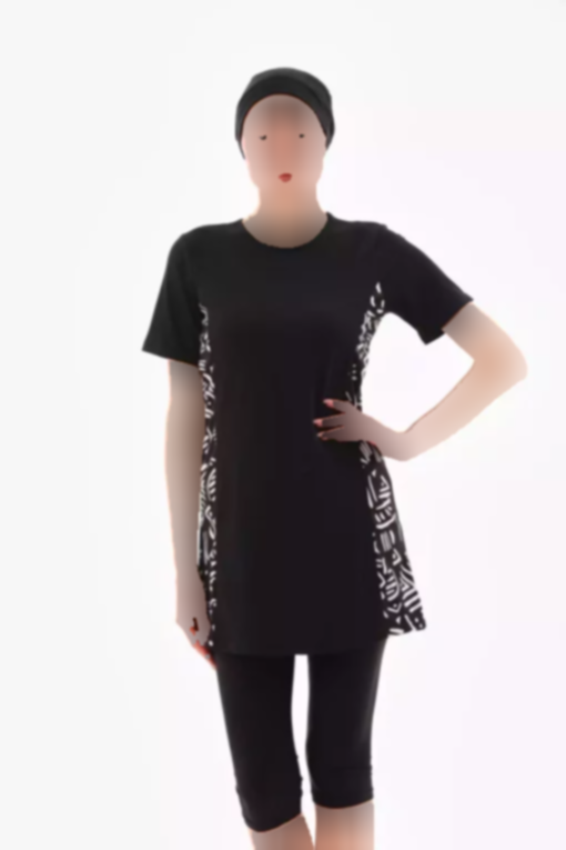 مایو اسلامی پوشیده نیمه لایکرا طرح‎دار سفید مشکی برند medipek کد 1753533727