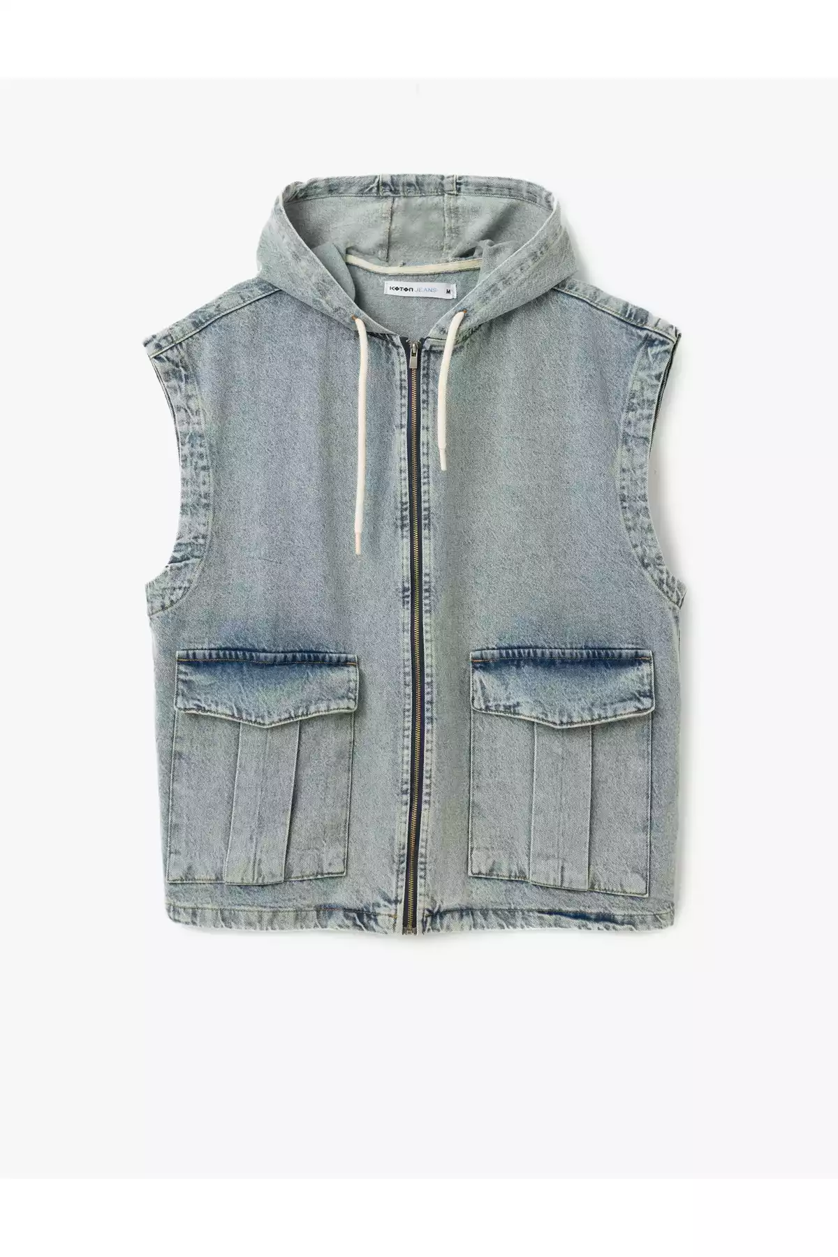 جلیقه گشاد جیب دار کلاهدار پنبه ای بدون آستین دربدار جین زیپدار برند Koton کد 1753278073