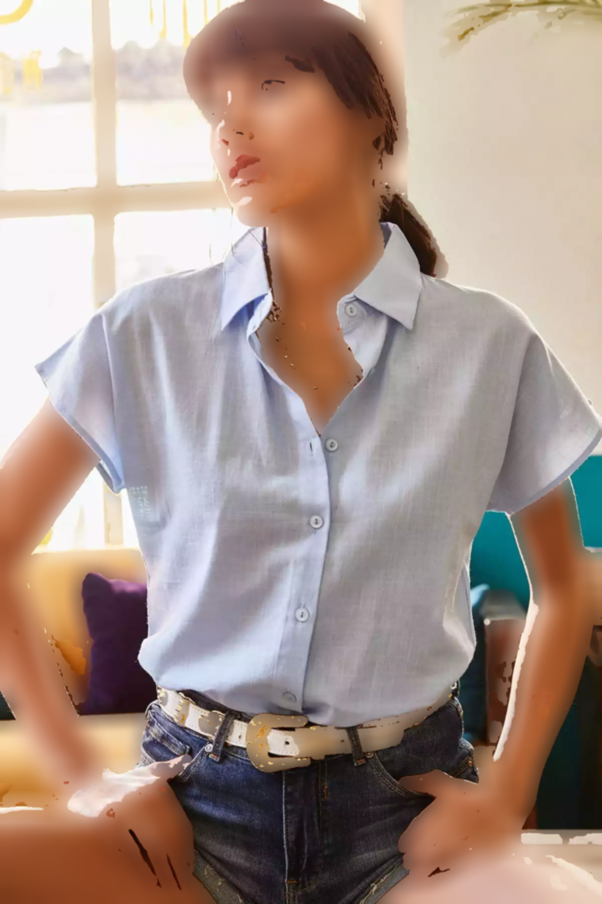 پیراهن کتان ساده خفاشی آبی زنانه برند Olalook کد 1753677665