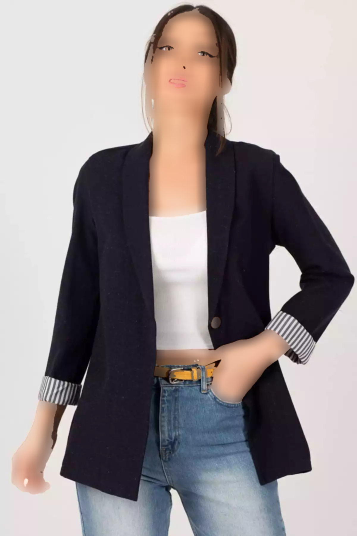 کت تک دکمه راهراه داخل آستین سرمه ای تیره زنانه برند armonika کد 1753590073