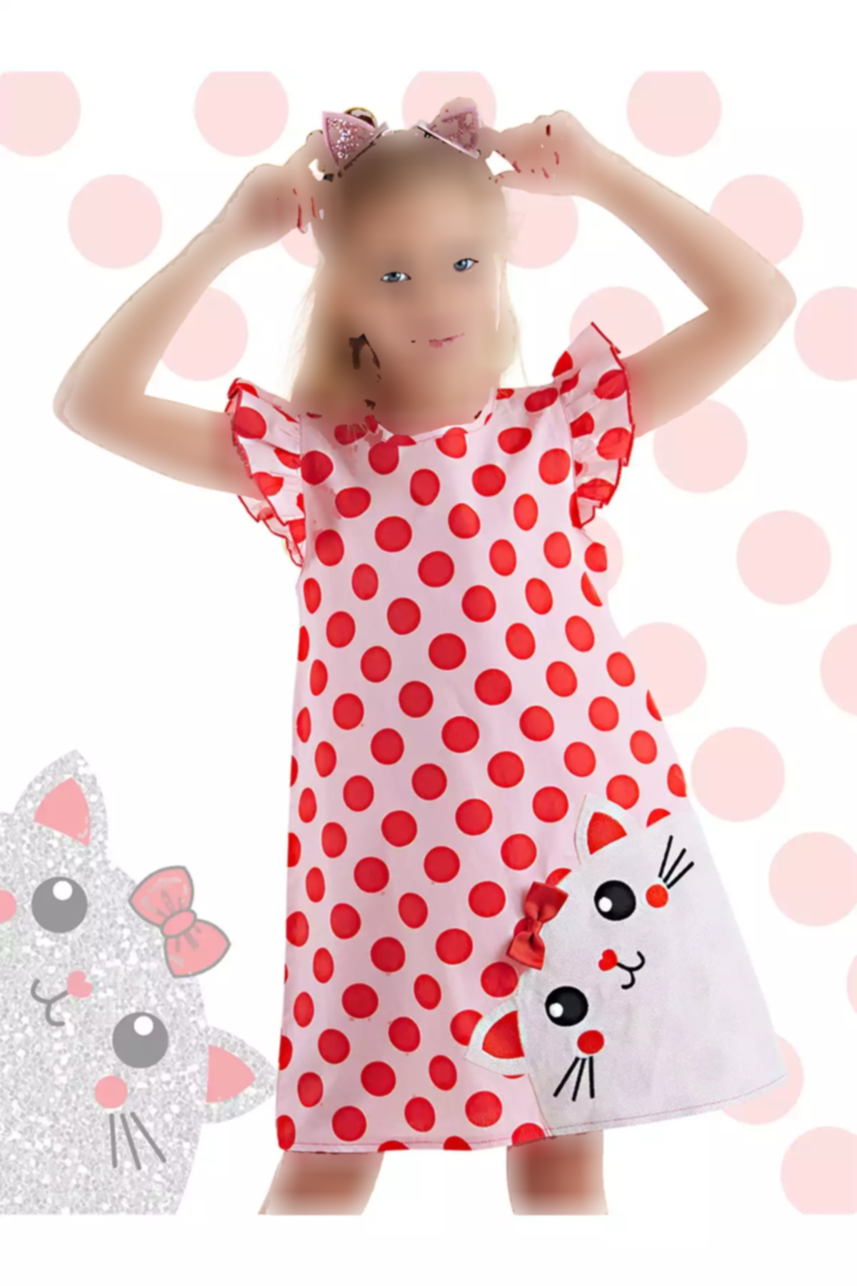 پیراهن تابستانی چیندار پوپلین گربه صورتی دخترانه برند Denokids کد 1753824669