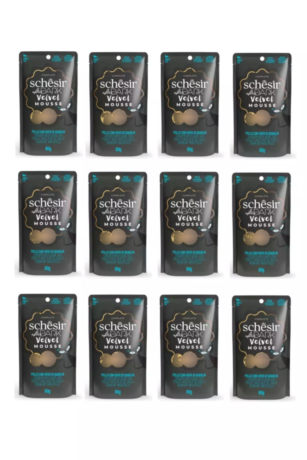 12عدد 80گرم سن گربه x با تخم مرغ بلدرچین تیره برند Schesir کد 1753656071