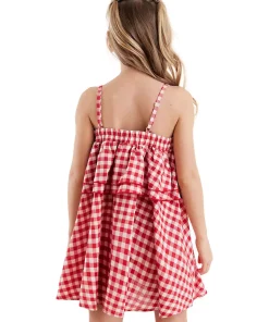 پیراهن چیندار شطرنجی گربه قرمز بنددار دخترانه برند Denokids کد 1753823473