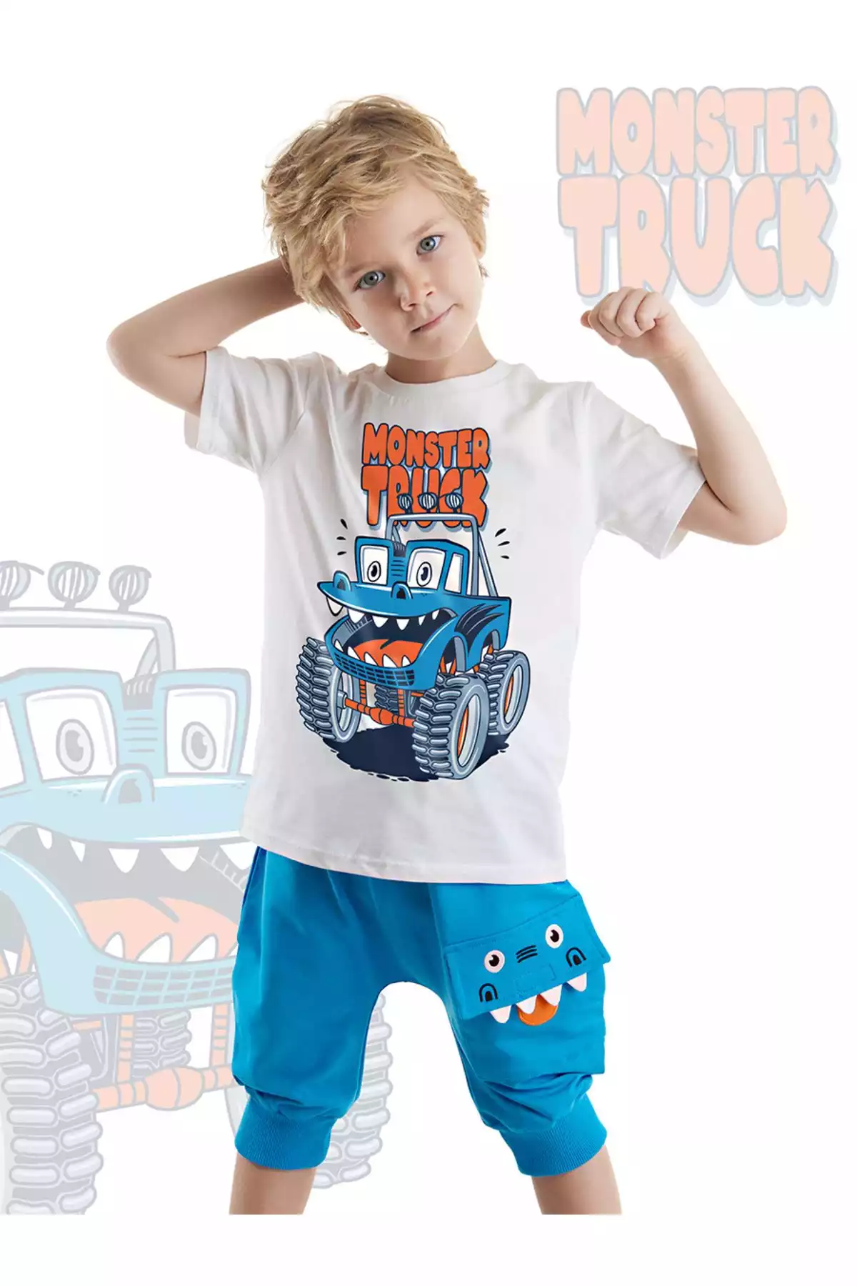 ست شلوارک تیشرت کشی تابستانی پسرانه کامیون هیولا برند Denokids کد 1753833063