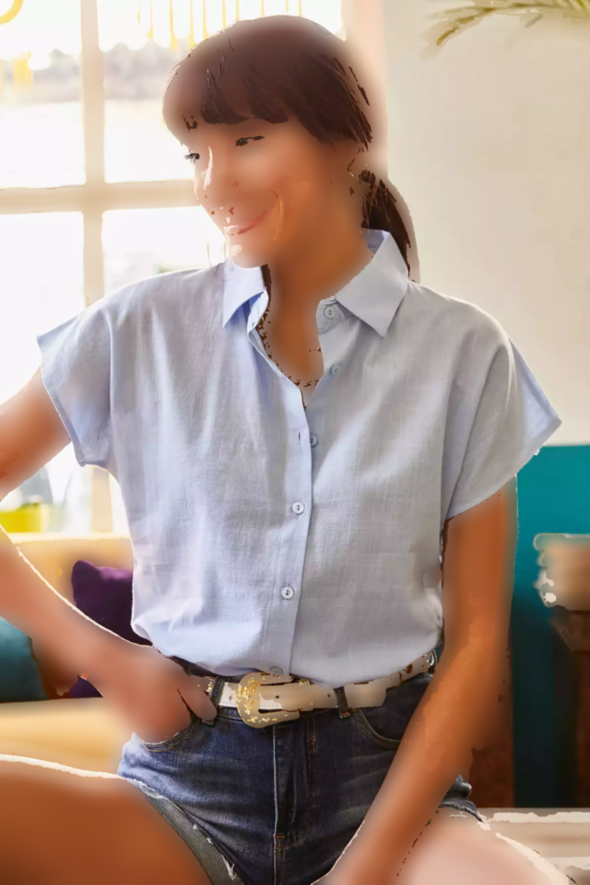 پیراهن کتان ساده خفاشی آبی زنانه برند Olalook کد 1753677665