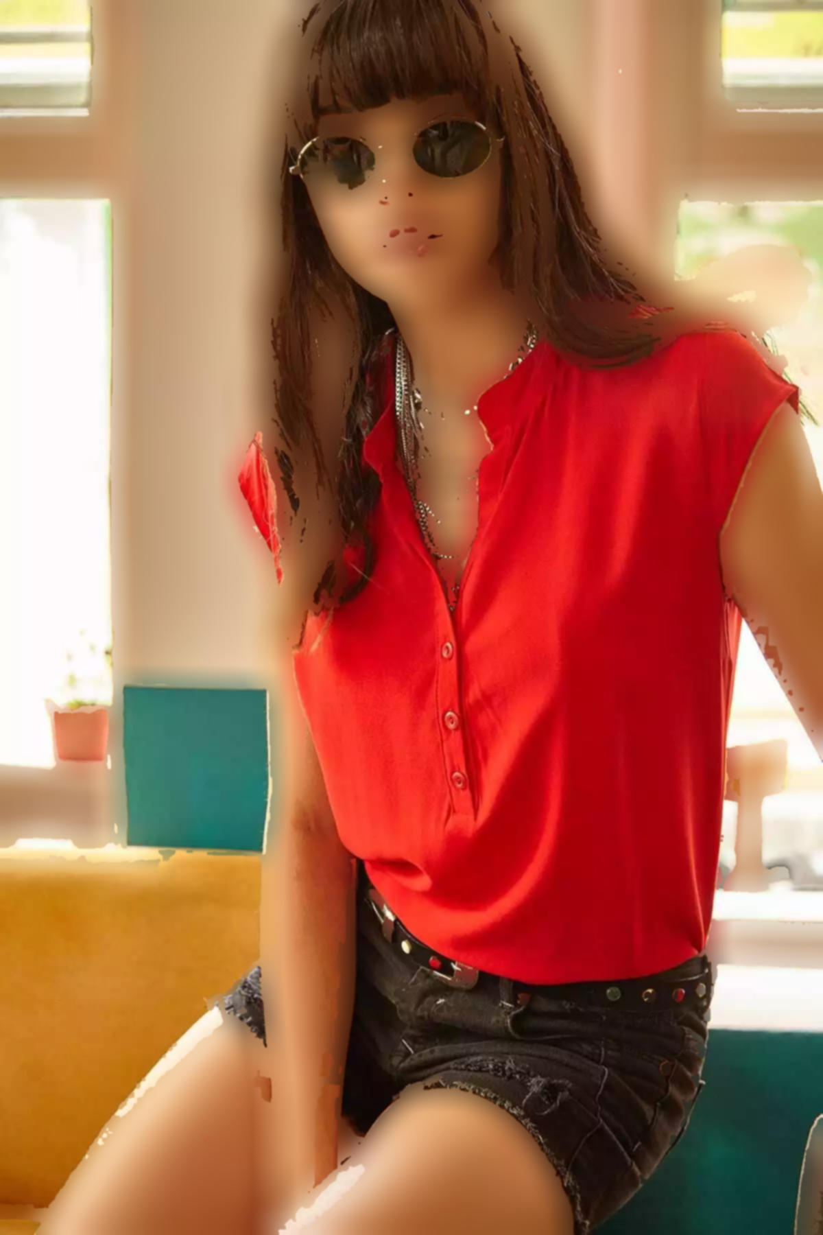 بلوز ابریشم مصنوعی 4دکمهدار یقه هفت قرمز زنانه برند Olalook کد 1753669925