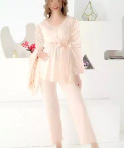 ست لباس شب طرحدار جیبدار بلند و گشاد آستین کمربند دار بارداری برند JENİKA کد 1758224469