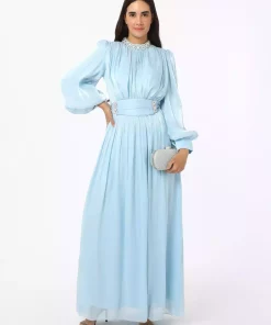لباس مجلسی پوشیده ساده ابریشم آبی یوریو برند Refka کد 1758121872