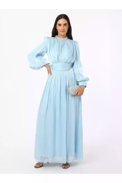 لباس مجلسی پوشیده ساده ابریشم آبی یوریو برند Refka کد 1758121872