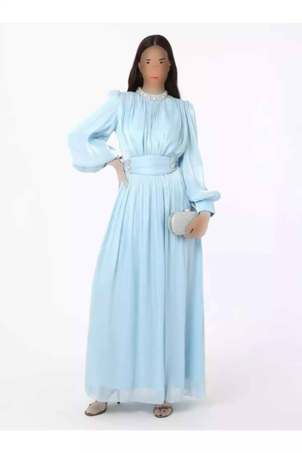 لباس مجلسی پوشیده ساده ابریشم آبی یوریو برند Refka کد 1758121872