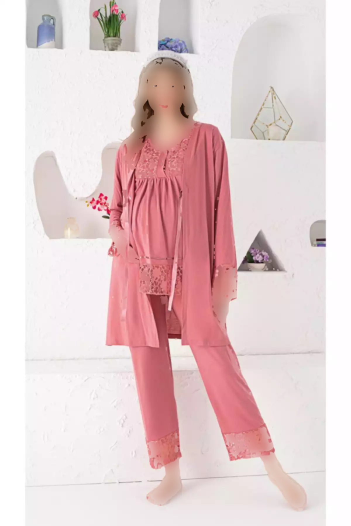 لباس راحتی 3تایی طرحدار توری بلند و گشاد آستین بارداری برند JENİKA کد 1757353270