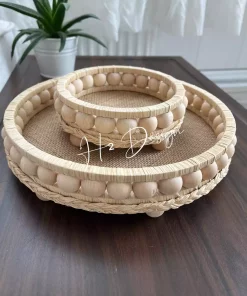 سینی تزئینی طبیعی چوب حصیری منجوقدار 12cm 24cm برند H2 Design کد 1757373548