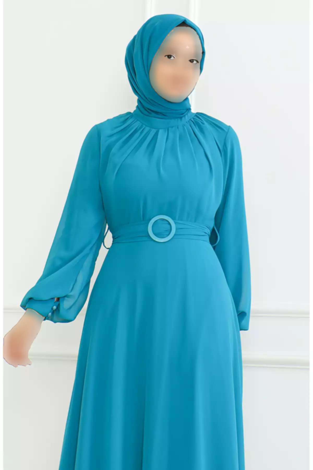 لباس مجلسی شیفون کمربنددار فیروزه ای برند sefamerve کد 1758123129