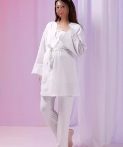 ست لباس راحتی پنبه ای کتان بلند و گشاد طراحی راهراه شیری بارداری برند Yulem Homewear کد 1757670129
