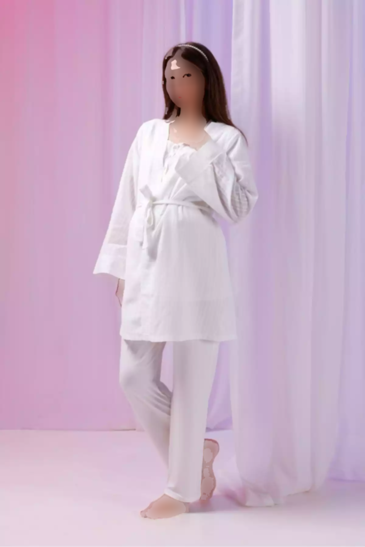 ست لباس راحتی پنبه ای کتان بلند و گشاد طراحی راهراه شیری بارداری برند Yulem Homewear کد 1757670129