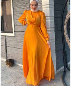 لباس مجلسی ساتن زرد رنگ با دکمه جلو 5513-08 کد 1758126728