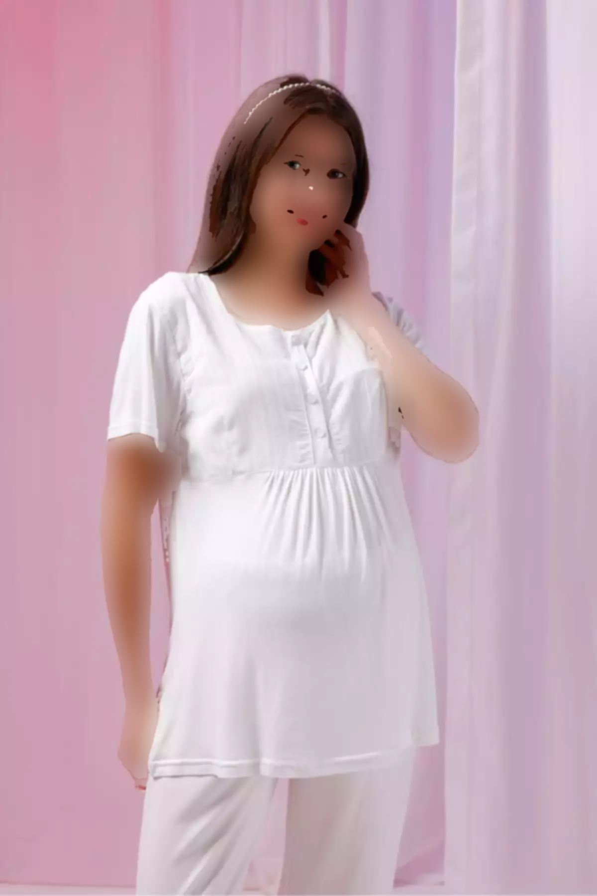 ست لباس راحتی پنبه ای کتان بلند و گشاد طراحی راهراه شیری بارداری برند Yulem Homewear کد 1757670129