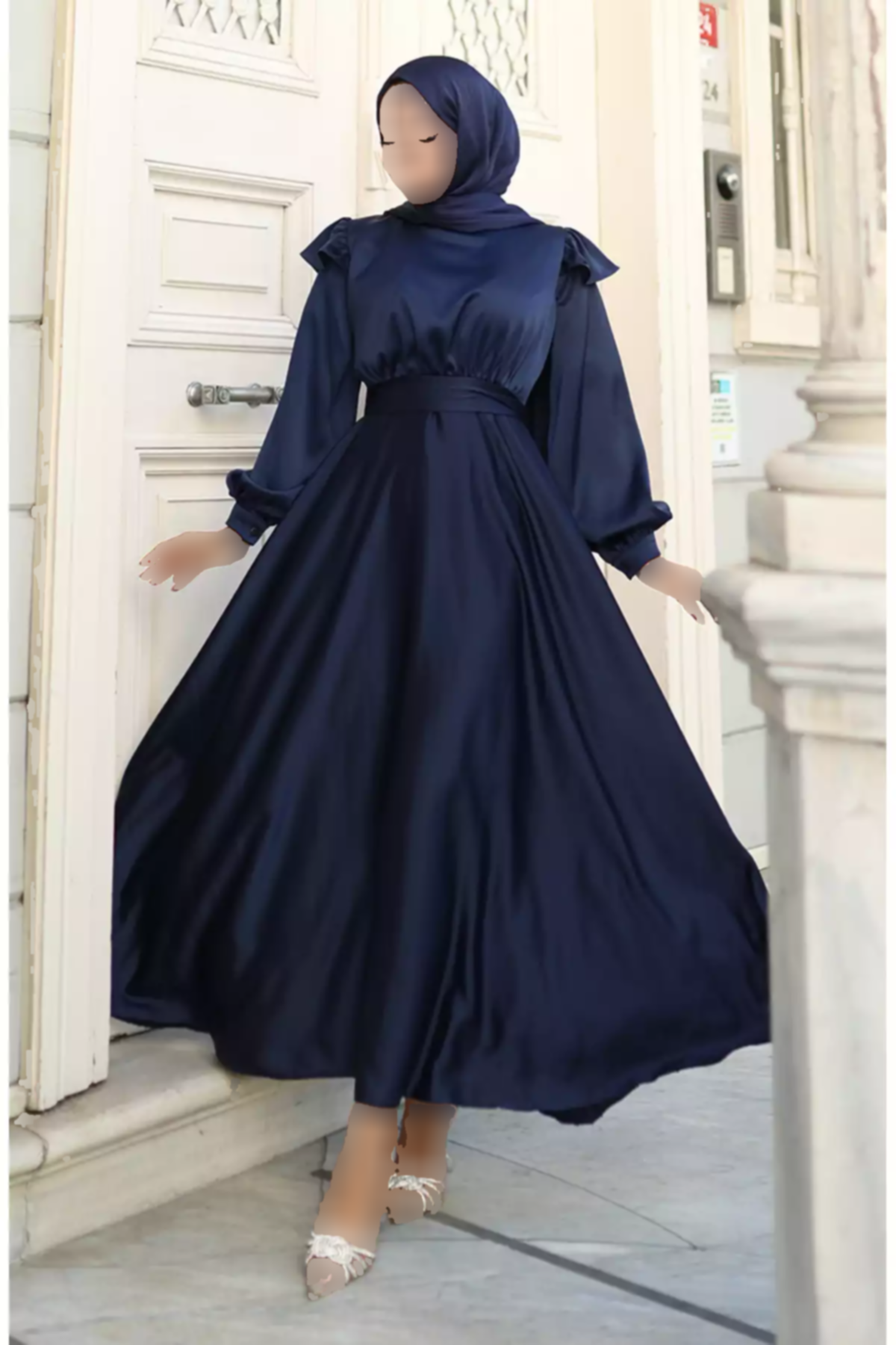 لباس مجلسی شانه 01سرمه ای ساتن چیندار برند sefamerve کد 1758123072