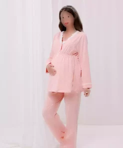 ست لباس راحتی پنبه ای یقه توری ملانژ صورتی بارداری برند Yulem Homewear کد 1757353389