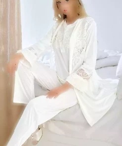 ست لباس راحتی جدید طرح توری شیری بارداری برند Barina Pijama کد 1757759107