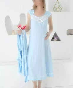 ست لباس شب دکمهدار 2تکه طرحدار جیبدار توری بلند و گشاد آستین بارداری برند JENİKA کد 1758055264