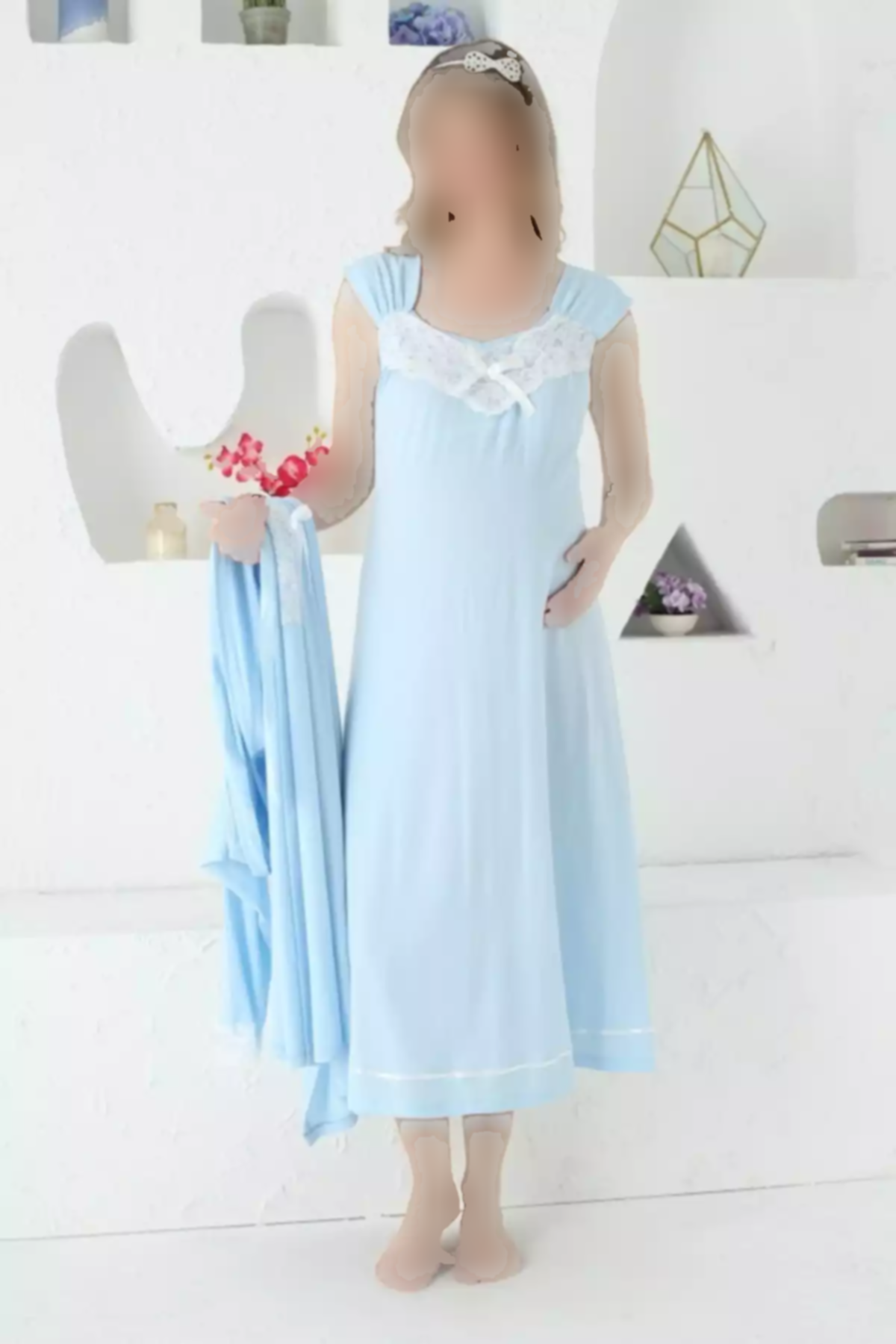 ست لباس شب دکمهدار 2تکه طرحدار جیبدار توری بلند و گشاد آستین بارداری برند JENİKA کد 1758055264