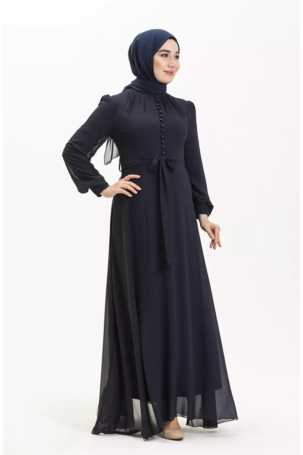 لباس مجلسی شیفون دکمه دار سرمه ای برند sefamerve کد 1758126664