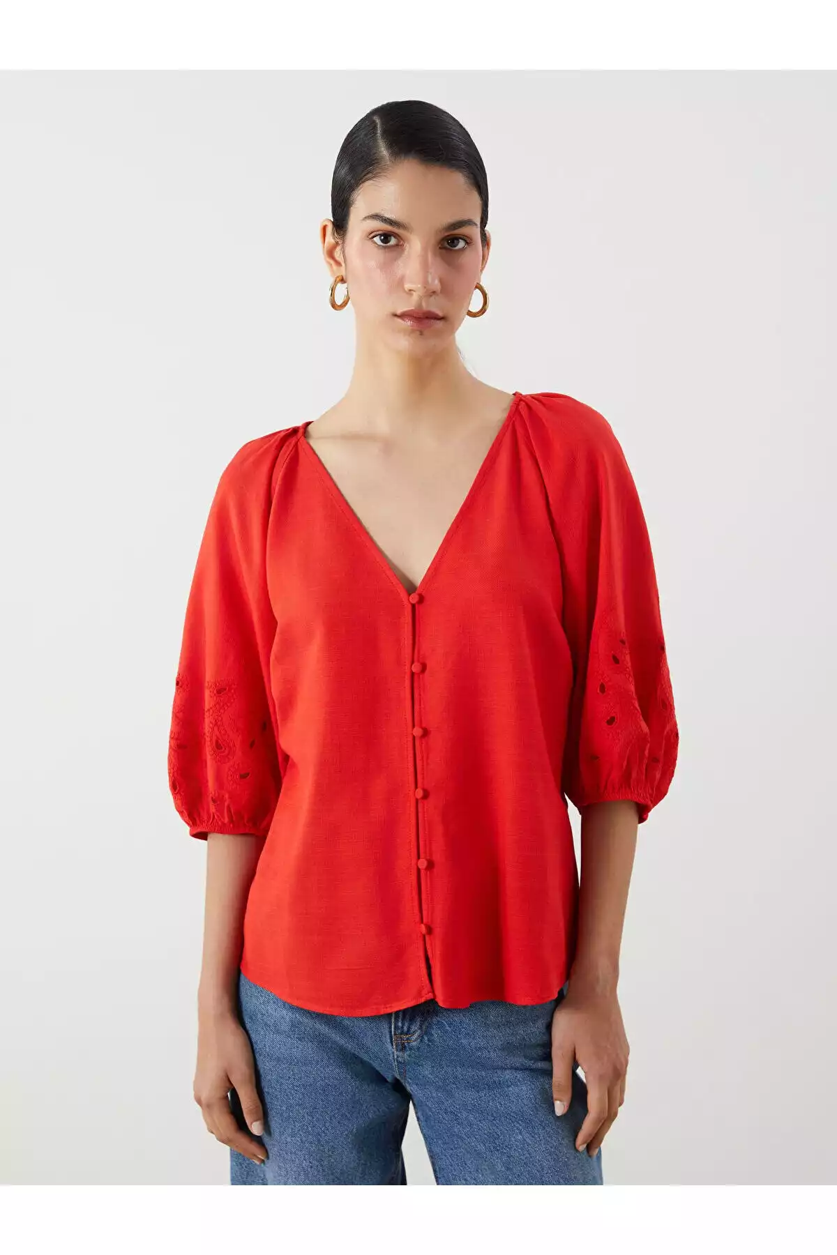 بلوز آستین دار یقه گلدوزیشده بالنی قلاب دوزی شده هفت برند LC Waikiki کد 1757223668