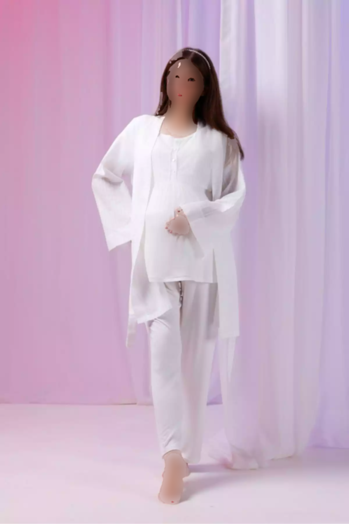 ست لباس راحتی پنبه ای کتان بلند و گشاد طراحی راهراه شیری بارداری برند Yulem Homewear کد 1757670129