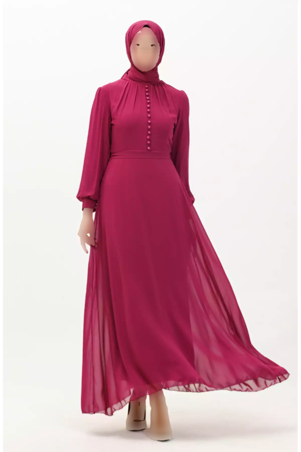 لباس مجلسی شیفون دکمه دار سرخابی کمربند برند sefamerve کد 1758123070