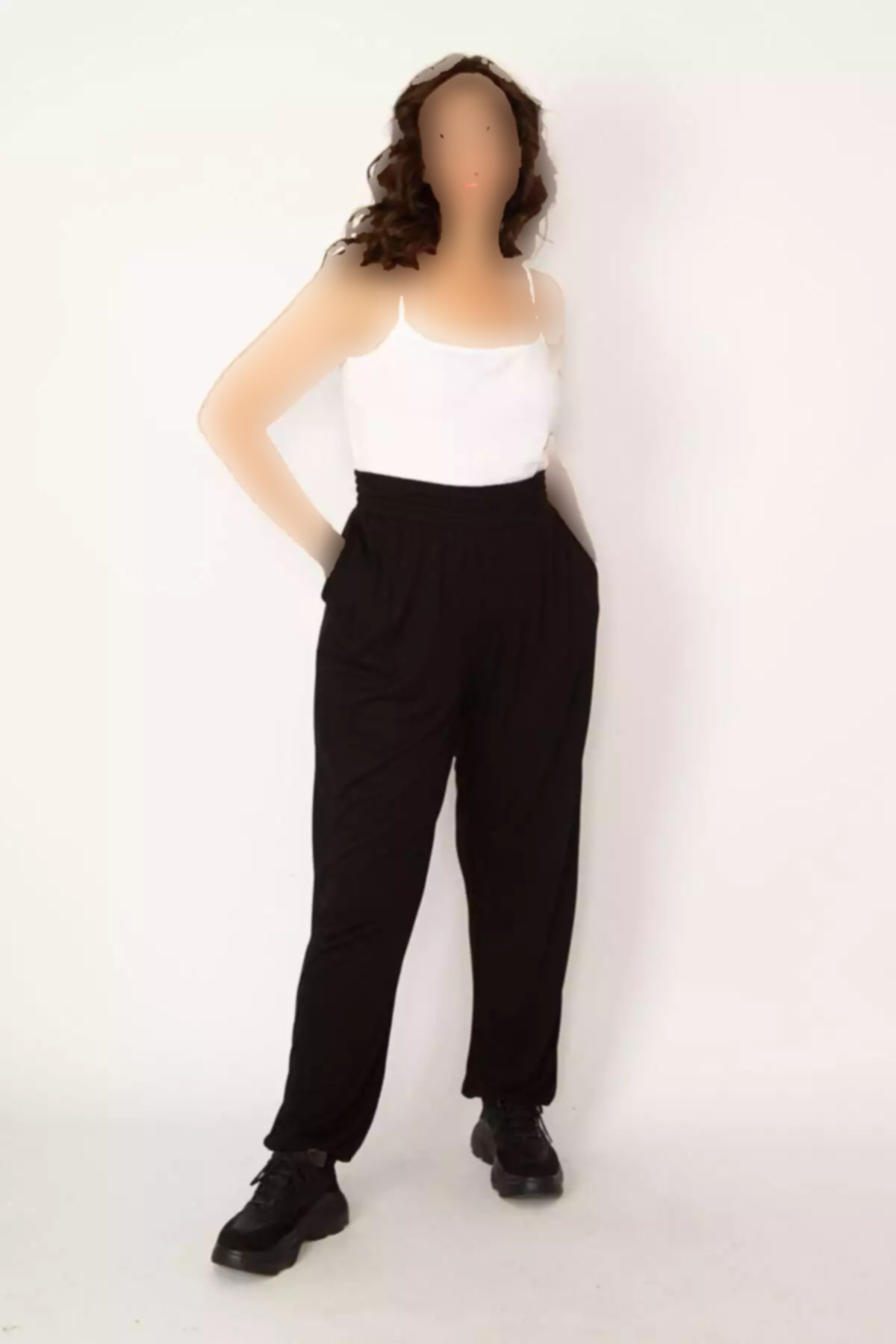 اسپرت پاچه جیب دار برش راحت کمر طرحدار لاستیک سایز بزرگ شلوار مشکی زنانه برند Şans کد 1757954471