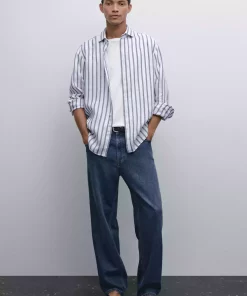 پیراهن متناسب کتان راهراه برند Massimo Dutti کد 1757751968