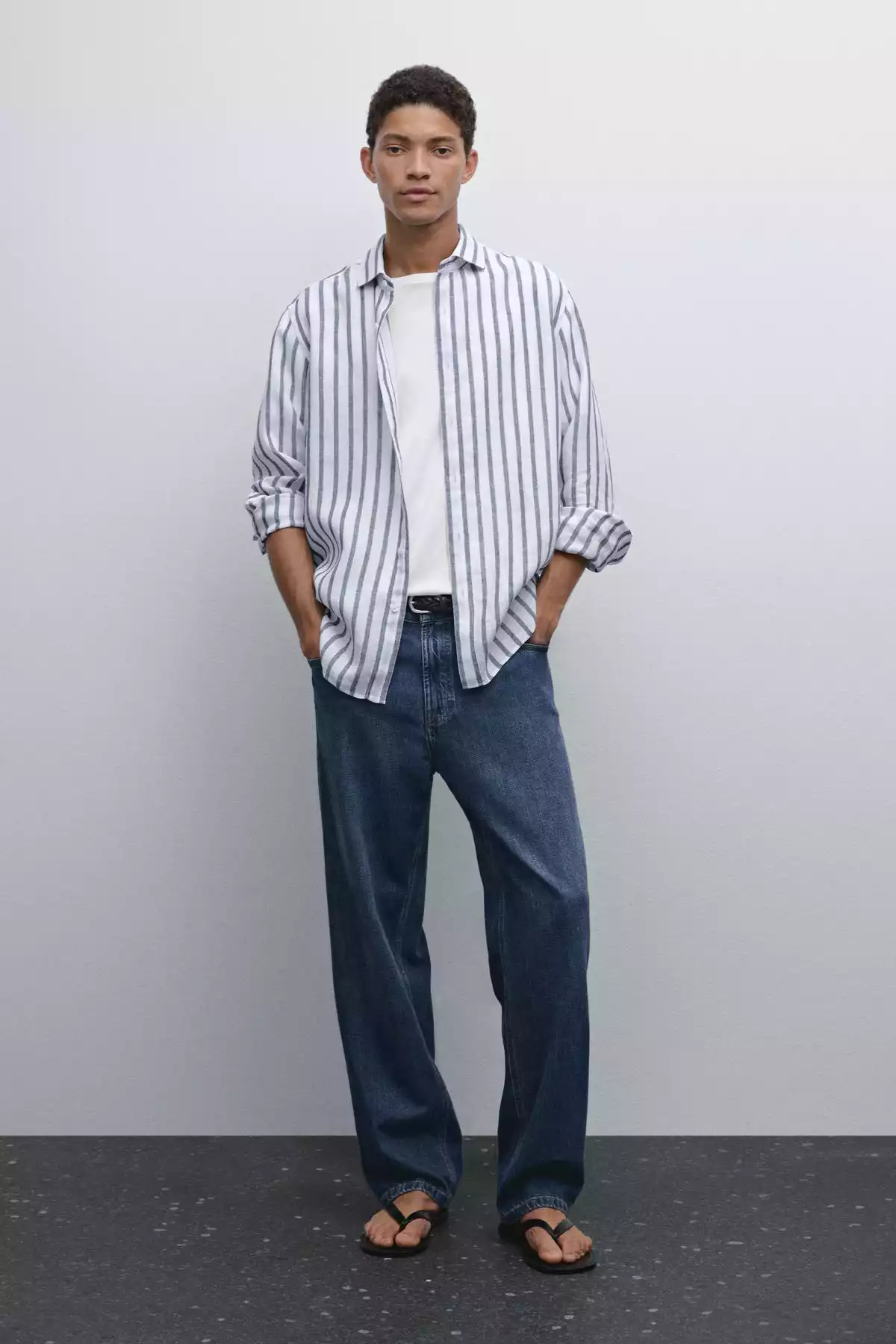 پیراهن متناسب کتان راهراه برند Massimo Dutti کد 1757751968