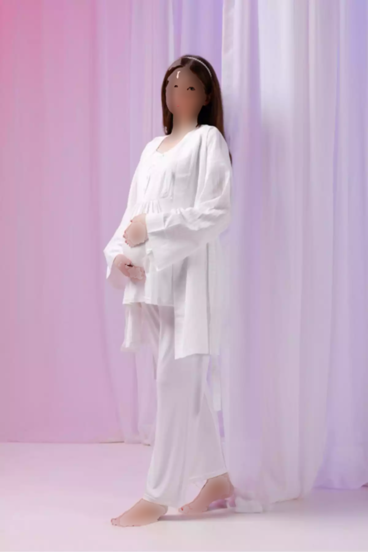 ست لباس راحتی پنبه ای کتان بلند و گشاد طراحی راهراه شیری بارداری برند Yulem Homewear کد 1757670129