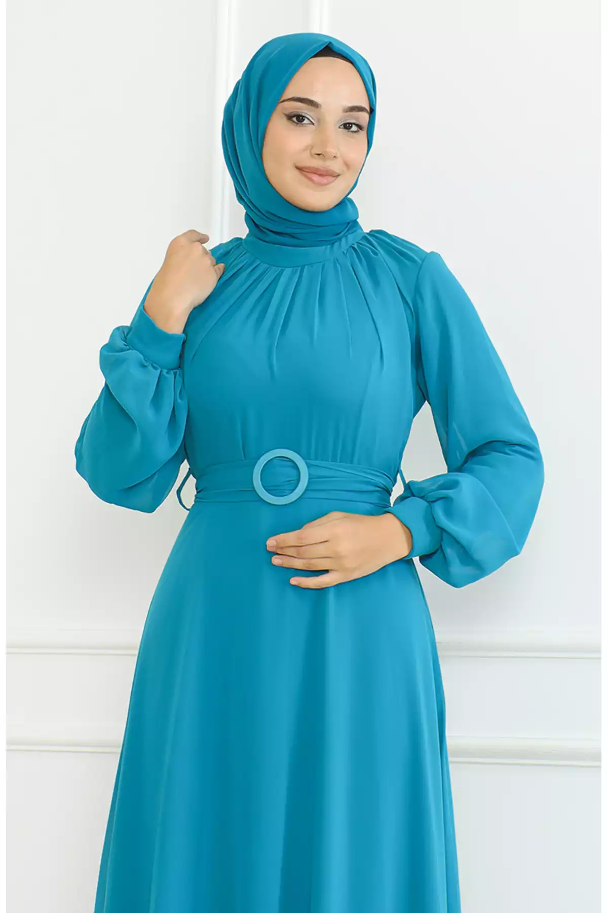 لباس مجلسی شیفون کمربنددار فیروزه ای برند sefamerve کد 1758123129