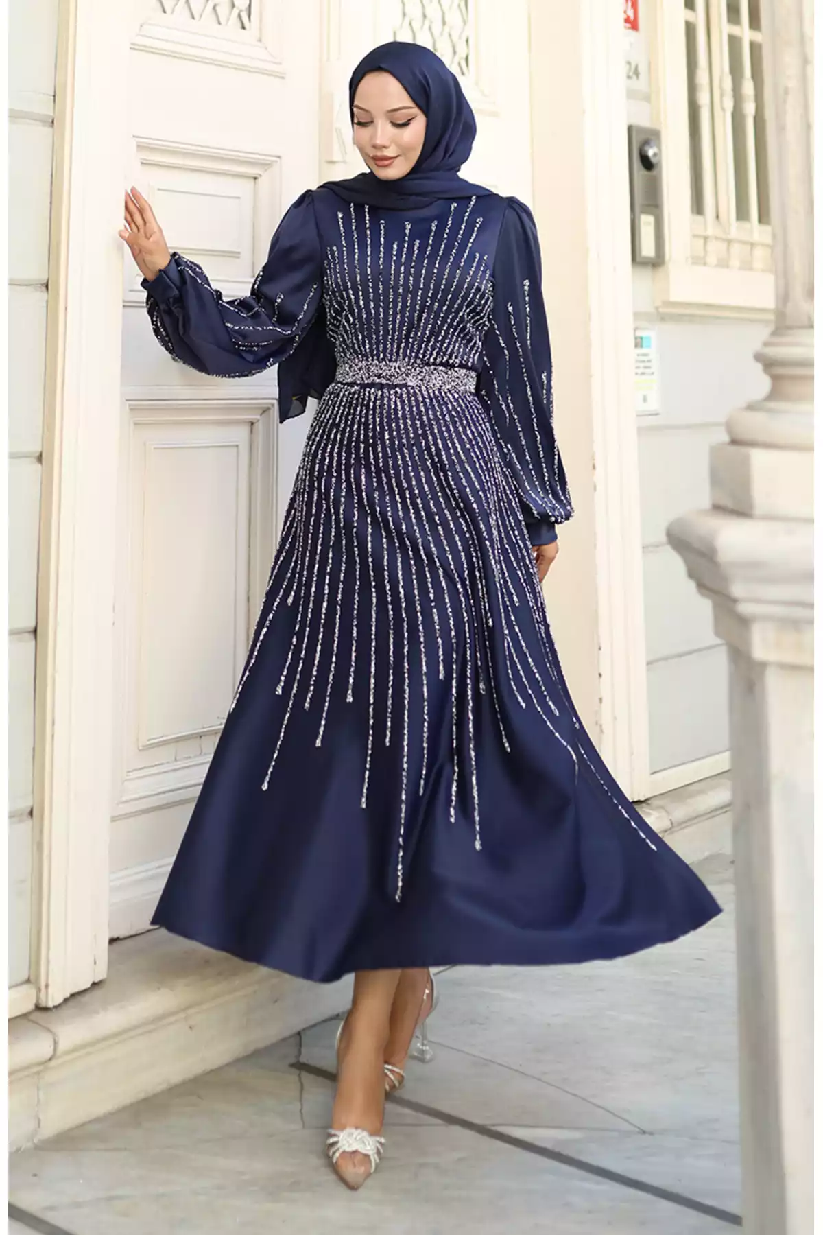 لباس مجلسی 2سرمه ای ساتن نگین دار برند sefamerve کد 1758123069