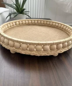 سبد سینی سرویس طبیعی چوب حصیری منجوقدار دست ساز دستی 28cm برند H2 Design کد 1757961669